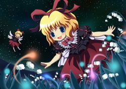 Rule 34 | 1girl, :d, back bow, black ribbon, blonde hair, blue eyes, blush, bow, collared shirt, doll, closed eyes, fairy wings, fireflies, flower, frilled shirt collar, frilled sleeves, frills, highres, lily of the valley, medicine melancholy, necktie, night, night sky, open mouth, pointing, red neckwear, red ribbon, red skirt, ribbon, shirt, short hair, short sleeves, skirt, sky, smile, star (sky), starry sky, su-san, touhou, white bow, wings, zqhzx