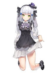 Rule 34 | 1girl, black bow, black dress, black footwear, black hairband, blush, bow, closed mouth, collared shirt, commentary, dduck kong, dress, dress shirt, facial mark, full body, girls&#039; frontline, green eyes, grey socks, hair bow, hair ornament, hairband, hat, head tilt, highres, hk416 (black kitty&#039;s gift) (girls&#039; frontline), hk416 (girls&#039; frontline), kneehighs, long hair, long sleeves, looking at viewer, mini hat, mini top hat, official alternate costume, pinky out, purple hat, shirt, shoes, silver hair, simple background, skirt, skirt hold, sleeveless, sleeveless dress, socks, solo, tilted headwear, top hat, very long hair, white background, white shirt, white skirt