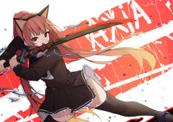 Rule 34 | 1girl, absurdres, animal ears, black dress, black thighhighs, cat ears, commentary, commission, dress, english commentary, fake animal ears, frilled dress, frills, hairband, highres, holding, holding sword, holding weapon, kouki (chancegak), long hair, looking at viewer, original, red eyes, red hair, solo, standing, sword, thighhighs, twintails, very long hair, weapon