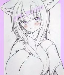 Rule 34 | 1girl, :3, animal ear fluff, animal ears, blush, border, breasts, cat ears, closed mouth, clothes lift, commentary request, hand up, hatching (texture), highres, hololive, large breasts, lifted by self, linear hatching, looking at viewer, medium hair, mixed media, nekomata okayu, out-of-frame censoring, outside border, purple border, purple eyes, purple hair, shirt, shirt lift, short sleeves, smile, solo, spot color, t-shirt, traditional media, tsukareta san, upper body, virtual youtuber