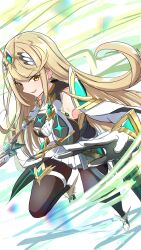 Rule 34 | 1girl, absurdres, bare shoulders, black pantyhose, blonde hair, breasts, chest jewel, commentary, dress, earrings, elbow gloves, gloves, highres, holding, holding sword, holding weapon, jewelry, karuushi, large breasts, long hair, looking at viewer, mythra (massive melee) (xenoblade), mythra (xenoblade), nintendo, pantyhose, short dress, solo, super smash bros., swept bangs, sword, thigh strap, tiara, very long hair, weapon, white dress, white gloves, xenoblade chronicles (series), xenoblade chronicles 2, yellow eyes