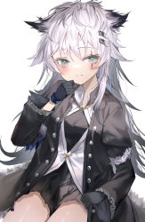 Rule 34 | 1girl, absurdres, animal ears, arknights, black gloves, black jacket, black shirt, blue eyes, blush, cowboy shot, gloves, hair ornament, hairclip, hand up, highres, jacket, lappland (arknights), lappland (refined horrormare) (arknights), long sleeves, looking at viewer, material growth, messy hair, official alternate costume, original, oripathy lesion (arknights), shirt, smile, solo, sutei (arece15), vest, white background, white hair, white vest, wolf ears