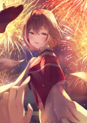 Rule 34 | 1girl, absurdres, ahoge, beret, blush, braid, braided bangs, brown eyes, brown hair, cloak, eyebrows hidden by hair, finale, fireworks, from side, hair between eyes, hat, unworn hat, unworn headwear, highres, hololive, hololive english, japanese clothes, kimono, long bangs, looking at viewer, medium hair, nanashi mumei, nanashi mumei (new year), night, open mouth, pov, pov hands, smile, solo focus, tears, virtual youtuber, wind, wind lift