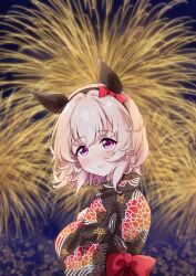 Rule 34 | 1girl, absurdres, aerial fireworks, animal ears, back bow, black hairband, black kimono, blurry, blurry background, blush, bow, brown hair, closed mouth, curren chan (umamusume), depth of field, ear bow, fireworks, floral print, goom (goomyparty), hairband, hand up, highres, horse ears, japanese clothes, kimono, long sleeves, looking at viewer, looking to the side, print kimono, purple eyes, red bow, smile, solo, umamusume, wide sleeves