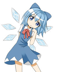 Rule 34 | 1girl, arm behind back, blue eyes, blue hair, bow, cirno, dress, finger to mouth, head tilt, ice, ice wings, kiirokuma, looking at viewer, matching hair/eyes, short hair, solo, touhou, wings