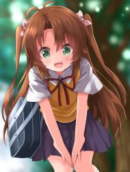 1girl :d bag black_skirt blue_bag blurry blurry_background blush bow brown_hair collared_shirt commentary_request cowboy_shot green_eyes hair_bow highres koshigaya_komari leaning_forward long_hair neck_ribbon non_non_biyori open_mouth outdoors parted_bangs pink_bow pleated_skirt red_ribbon ribbon ruu_(tksymkw) school_bag shirt short_sleeves skirt smile solo sweater_vest two_side_up white_shirt yellow_sweater_vest