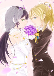 Rule 34 | 2019, 2girls, artist name, ayase eli, b k, blonde hair, blue eyes, bouquet, bow, bridal veil, crossdressing, dated, dress, earrings, elbow gloves, flower, gloves, green eyes, groom, high ponytail, highres, holding, holding bouquet, jewelry, looking at another, love live!, love live! school idol project, multiple girls, ponytail, profile, purple hair, tiara, tojo nozomi, veil, wedding, wedding dress, white gloves, wife and wife, yuri