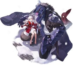 Rule 34 | 1girl, 1other, barefoot, clara (honkai: star rail), coat, full body, game cg, hand up, highres, honkai: star rail, honkai (series), long hair, looking at viewer, non-web source, official art, pom pom (clothes), red coat, red eyes, snow, svarog (honkai: star rail), thigh strap, transparent background, white hair