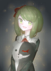 Rule 34 | black dress, bow, child, collared dress, danganronpa (series), danganronpa another episode: ultra despair girls, dress, eyebrows, eyebrows hidden by hair, eyelashes, gradient background, green eyes, green hair, grey background, grin, hair bow, hair ribbon, highres, holding, holding stuffed animal, holding stuffed toy, long sleeves, looking at viewer, matching hair/eyes, monokuma, bowtie, neck ribbon, open mouth, red bow, red headwear, red ribbon, ribbon, simple background, smile, standing, stuffed animal, stuffed toy, teeth, tongue, towa monaca