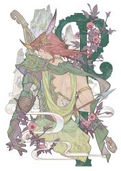 Rule 34 | 1boy, absurdres, armlet, armor, arrow (projectile), bead necklace, beads, bow (weapon), bracer, brown gloves, circlet, column, cowboy shot, cropped legs, egasumi, fake horns, feather hair ornament, feathers, final fantasy, final fantasy xiv, flower, gloves, green eyes, green sash, green skirt, hair ornament, highres, holding, holding arrow, horns, jewelry, leaf, lege bushi shiwu, looking at viewer, looking back, male focus, medium hair, mountain, necklace, oschon, pauldrons, pillar, pink flower, red hair, sash, shoulder armor, shoulder blades, simple background, single pauldron, skirt, solo, weapon, white background