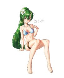 Rule 34 | 1girl, athenawyrm, barefoot, bikini, blush, breasts, cleavage, collarbone, earrings, english text, fire emblem, fire emblem: the blazing blade, fire emblem heroes, flower, green eyes, green hair, hair between eyes, hair flower, hair ornament, highres, invisible chair, jewelry, long hair, looking at viewer, lyn (fire emblem), medium breasts, navel, nintendo, ponytail, simple background, sitting, sketch, smile, solo, swimsuit, thigh strap, wet, white background