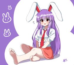 Rule 34 | 1girl, animal ears, bad id, bad pixiv id, barefoot, blush, breasts, carrot necklace, chaleu, collar, collared shirt, hair between eyes, highres, jewelry, looking at viewer, medium breasts, necklace, necktie, open mouth, orange skirt, puffy short sleeves, puffy sleeves, purple background, rabbit ears, red eyes, red necktie, reisen udongein inaba, shirt, short sleeves, sitting, skirt, smile, solo, touhou, white background, white shirt