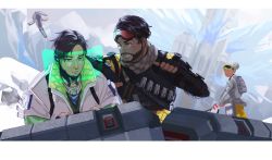 Rule 34 | 1girl, 2boys, 2gou, apex legends, black gloves, black hair, commission, crypto (apex legends), cyborg, double bun, drone, facial hair, fingerless gloves, gloves, goggles, goggles on head, green sleeves, grey jacket, gun, hack (apex legends), hair bun, highres, holding, holding gun, holding weapon, holographic interface, in-universe location, jacket, jewelry, lifeline (apex legends), looking down, mirage (apex legends), multiple boys, necklace, one eye closed, parted hair, peak performer lifeline, pointing, pointing at self, science fiction, skeb commission, stubble, weapon, white hair