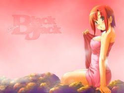 Rule 34 | 1girl, breasts, highres, impossible towel, koutaro, large breasts, naked towel, onsen, red hair, rio rollins, solo, super blackjack, towel, wallpaper, wet