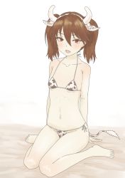 Rule 34 | 1girl, alternate costume, animal ears, animal print, barefoot, bikini, blush, breasts, commentary request, cow ears, cow print, cow tail, fake animal ears, fake horns, hair between eyes, highres, horns, kantai collection, long hair, looking at viewer, micro bikini, nito (nshtntr), parted lips, ryuujou (kancolle), side-tie bikini bottom, simple background, sitting, small breasts, solo, swimsuit, tail, twintails, white background