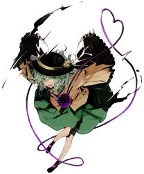Rule 34 | 1girl, :d, female focus, green eyes, green hair, hat, heart, heart-shaped pupils, heart of string, komeiji koishi, long hair, matching hair/eyes, minakata sunao, open mouth, outstretched arms, simple background, skirt, smile, solo, spread arms, symbol-shaped pupils, third eye, touhou, white background