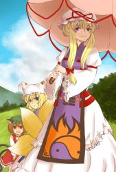 Rule 34 | 3girls, animal ears, animal hat, blonde hair, blue eyes, blue sky, bow, breasts, brown eyes, brown hair, cat ears, cat tail, chen, cloud, day, dress, earrings, flame print, forest, fox tail, frilled dress, frilled sleeves, frills, grass, green hat, hair between eyes, hair bow, hair up, hat, hat ribbon, highres, hill, jewelry, kurano, long sleeves, mob cap, mountain, multiple girls, multiple tails, nature, open mouth, parted lips, purple eyes, red dress, ribbon, ribbon trim, short hair, sidelocks, sky, smile, tabard, tail, teeth, tongue, touhou, tree, umbrella, white dress, yakumo ran, yakumo yukari, yin yang