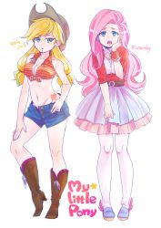 Rule 34 | 2girls, ankle wings, apple, applejack, bare shoulders, belt, blonde hair, blue eyes, boots, breasts, cleavage, contrapposto, cowboy boots, cowboy hat, cowboy western, crop top, cutie mark, denim, denim shorts, earrings, fluttershy, food, freckles, fruit, green eyes, hat, highres, jewelry, long hair, looking at viewer, lowleg, lowleg panties, midriff, multiple girls, my little pony, my little pony: friendship is magic, navel, open fly, panties, pantyhose, personification, pink hair, red panties, shirt, short shorts, shorts, simple background, skirt, standing, tate-ya, tied shirt, twintails, underwear, unzipped, very long hair, white background, white legwear, wings