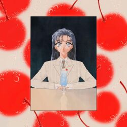 Rule 34 | 1990s (style), 1girl, black hair, blue eyes, border, brown jacket, brown necktie, cherry, collared shirt, commentary, cub, drinking straw, earrings, english commentary, expressionless, food, fruit, glasses, highres, jacket, jewelry, long hair, long sleeves, looking at viewer, necktie, original, pink lips, pinstripe jacket, pinstripe pattern, retro artstyle, round eyewear, shirt, sleeves past wrists, solo, straight-on, white shirt, yue (yung n dum )