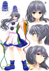 Rule 34 | 1girl, ?, blue footwear, blue skirt, boots, collarbone, finger to own chin, frilled skirt, frills, frown, full body, green ribbon, grey eyes, grey hair, hat, highres, long hair, long sleeves, looking at viewer, mononobe no futo, multiple views, pom pom (clothes), ponytail, portrait, profile, red ribbon, ribbon, ribbon-trimmed sleeves, ribbon trim, simple background, skirt, tate eboshi, touhou, watarui, white background, wide sleeves