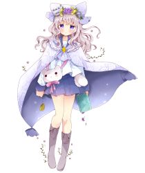 Rule 34 | 1girl, :o, animal bag, animal ears, bad id, bad pixiv id, blue skirt, blush, book, boots, brown hair, cat bag, cat ears, cloak, commentary request, flower, full body, grey footwear, hair between eyes, hair flower, hair ornament, highres, holding, holding book, knee boots, long hair, long sleeves, looking at viewer, original, parted lips, pleated skirt, pocket watch, purple cloak, purple eyes, purple flower, school uniform, serafuku, shirt, simple background, skirt, solo, standing, tsukiyo (skymint), watch, white background, white shirt