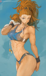 Rule 34 | 1girl, abs, armpits, ass, bandaid, bandaid on face, big hair, blue eyes, breasts, captain mizuki, cleavage, covered erect nipples, cutesexyrobutts, earrings, forehead, hair ornament, hair pulled back, hair scrunchie, high ponytail, highres, jewelry, large breasts, long hair, medal, muscular, muscular female, navel, one-punch man, orange hair, scrunchie, solo, standing, thick thighs, thighs