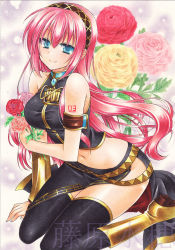 Rule 34 | 1girl, arm tattoo, armband, bare shoulders, black thighhighs, blue eyes, boots, breasts, colored pencil (medium), detached sleeves, flower, fujiwara minaho, hairband, kneeling, long hair, looking at viewer, marker (medium), medium breasts, megurine luka, navel, pink hair, side slit, smile, solo, tattoo, thighhighs, thighs, traditional media, vocaloid