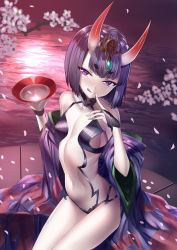Rule 34 | 1girl, bad id, bad pixiv id, bare legs, bare shoulders, black gloves, blunt bangs, breasts, cherry blossoms, collarbone, cup, fate/grand order, fate (series), fingerless gloves, forehead jewel, gloves, heirou, horns, index finger raised, licking lips, looking at viewer, medium breasts, navel, purple eyes, purple hair, sakazuki, short hair, shuten douji (fate), shuten douji (first ascension) (fate), sitting, skin-covered horns, solo, tongue, tongue out, water