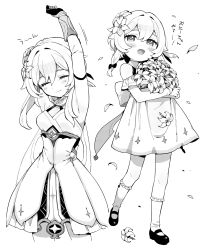 Rule 34 | 1girl, aged down, alternate costume, arms up, blush, bouquet, bow, closed eyes, closed mouth, detached sleeves, dress, flower, genshin impact, greyscale, hair bow, hair flower, hair ornament, highres, holding, holding bouquet, leaf, lumine (genshin impact), monochrome, moyori, multiple views, open mouth, petals, short hair with long locks, simple background, socks, stretching, translation request