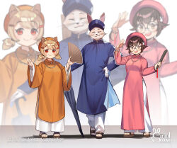 Rule 34 | 1boy, 2girls, animal ears, closed eyes, closed mouth, commentary, commission, english commentary, folding fan, glasses, hand fan, highres, jewelry, khan van, light smile, multiple girls, necklace, original, pants, paper fan, red eyes, siriuflong, smile, umbrella, vietnamese clothes, vietnamese dress, vietnamese text, white pants