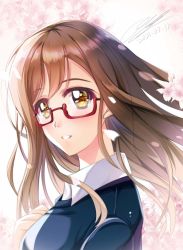 Rule 34 | 1girl, alternate hairstyle, artist name, artist request, blouse, blue sweater, blush, breasts, brown eyes, brown hair, close-up, collared shirt, dated, female focus, floating hair, glasses, hair between eyes, hand on own chest, highres, kunikida hanamaru, light brown hair, long hair, long sleeves, looking at viewer, love live!, love live! school idol festival, love live! sunshine!!, medium breasts, parted lips, semi-rimless eyewear, shirt, shirt under sweater, sideboob, smile, solo, sweater, undershirt, upper body, wavy hair, white shirt, wing collar, yellow eyes