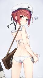 Rule 34 | 10s, 1girl, amagai tarou, ass, bag, bare shoulders, beret, bikini, blush, bow, breasts, butt crack, character name, clothes writing, commentary request, dressing, from behind, hair bow, hat, highres, kantai collection, looking at viewer, looking back, over shoulder, red eyes, red hair, revision, ribbon, sailor bikini, sailor collar, sailor hat, short hair, side-tie bikini bottom, small breasts, solo, squiggle, standing, striped, striped bow, sweatdrop, swimsuit, twitter username, tying, white bikini, white hat, white ribbon, x x, z3 max schultz (kancolle)