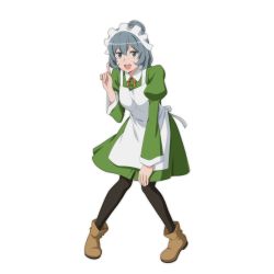 Rule 34 | 10s, 1girl, apron, blush, bow, bowtie, breasts, clenched hand, collared dress, dress, dungeon ni deai wo motomeru no wa machigatteiru darou ka, female focus, full body, green dress, grey eyes, grey hair, hair between eyes, headdress, large breasts, long sleeves, looking at viewer, maid, maid apron, maid headdress, neck, official art, orange bow, orange bowtie, pantyhose, ponytail, puffy long sleeves, puffy sleeves, shoes, short hair, simple background, smile, solo, syr flover, tongue, tongue out, tray, waitress, white apron
