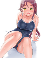 Rule 34 | 1girl, bare arms, bare shoulders, blue one-piece swimsuit, blush, breasts, cleavage, collarbone, competition school swimsuit, contrapposto, covered navel, curvy, forehead, gonta (gshoutai), groin, hair ornament, hairclip, highres, long hair, looking at viewer, love live!, love live! sunshine!!, medium breasts, narrow waist, on ass, one-piece swimsuit, open mouth, partially submerged, poolside, raised eyebrows, red hair, sakurauchi riko, school swimsuit, sitting, skin tight, skindentation, solo, spaghetti strap, swimsuit, taut clothes, taut swimsuit, tile floor, tiles, wading, water, wet, wet clothes, wet hair, white background, wide hips, yellow eyes