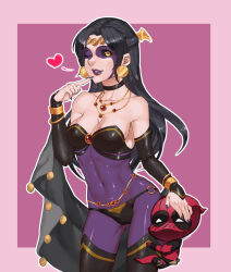 Rule 34 | 1girl, aesice, animification, black hair, black sclera, blush, boots, breasts, chibi, chibi inset, cleavage, colored sclera, commentary, deadpool, deadpool (series), demon girl, detached sleeves, head wings, heart, highres, jewelry, large breasts, long hair, looking at viewer, marvel, nail polish, necklace, one eye closed, purple lips, purple nails, shiklah, smile, spoken heart, thigh boots, thighhighs, wings, yellow eyes