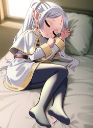 Rule 34 | 1girl, bed, bed sheet, belt, belt buckle, black pantyhose, buckle, capelet, closed eyes, closed mouth, dangle earrings, earrings, elementary, elf, female focus, frieren, full body, highres, indoors, long hair, long sleeves, lying, on bed, on side, pantyhose, pillow, pointy ears, robe, sidelocks, sleeping, soles, solo, sousou no frieren, thighs, white capelet, white robe