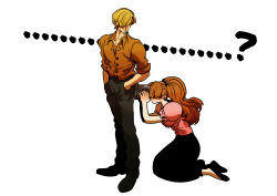 Rule 34 | ..., ...?, 1boy, 1girl, ?, absurdres, beard, blonde hair, blue eyes, brown hair, charlotte pudding, dress, facial hair, female pervert, hetero, highres, lips, long hair, looking at another, looking at ass, one piece, pervert, rita ya, sanji (one piece), simple background, smoking, standing, twintails, very long hair, what, white background