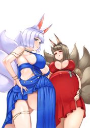 Rule 34 | 2girls, akagi (azur lane), akagi (ruby-laced beauty) (azur lane), akeggle, animal ears, azur lane, big belly, blue eyes, blunt bangs, blush, bracelet, breasts, brown hair, choker, cleavage, cocktail dress, cowboy shot, curvy, dress, fingerless gloves, fox ears, fox girl, fox tail, from below, gloves, groin, jewelry, kaga (azur lane), kaga (exalted white wings) (azur lane), kitsune, kyuubi, large breasts, licking lips, long hair, looking at viewer, multiple girls, multiple tails, outie navel, pregnant, red eyes, revealing clothes, short hair, sideboob, sidelocks, smile, standing, tail, thick thighs, thigh strap, thighs, tongue, tongue out, underboob, white background, white hair, wide sleeves