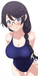 Rule 34 | 1girl, absurdres, arms behind back, bare shoulders, black eyes, black hair, blue one-piece swimsuit, braid, braided ponytail, breasts, camui1104, cleavage, closed mouth, collarbone, commentary, competition school swimsuit, glasses, hair ornament, hair over shoulder, hair ribbon, hairclip, hanekawa tsubasa, highres, large breasts, light blush, looking at viewer, low ponytail, monogatari (series), one-piece swimsuit, ribbon, school swimsuit, shadow, simple background, smile, solo, standing, swimsuit, thigh gap, white background, yellow ribbon