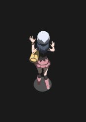 Rule 34 | 1girl, bag, beanie, black background, black hair, black shirt, black socks, boots, bracelet, commentary request, creatures (company), dawn (pokemon), duffel bag, from behind, full body, game freak, hands up, hat, highres, ia (ilwmael9), jewelry, kneehighs, long hair, nintendo, pink footwear, pink skirt, pokemon, pokemon dppt, poketch, shirt, skirt, sleeveless, sleeveless shirt, socks, solo, standing, watch, white hat, wristwatch, yellow bag