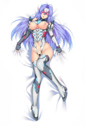 Rule 34 | 1boy, 1girl, android, bar censor, bare shoulders, bed sheet, blue hair, breasts, censored, dakimakura (medium), elbow gloves, expressionless, forehead protector, full body, gloves, hair between eyes, hair spread out, kos-mos, kos-mos re:, large breasts, leotard, long hair, looking at viewer, lying, megatama, navel, nintendo, nipples, on back, red eyes, sheet grab, solo, thighhighs, very long hair, xenoblade chronicles (series), xenoblade chronicles 2, xenosaga