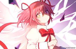 Rule 34 | 1girl, arms at sides, artist name, asymmetrical hair, blurry, breasts, broken, clenched hand, close-up, depth of field, dot nose, dual persona, expressionless, facing viewer, floating hair, fusion, hair ribbon, head tilt, heterochromia, high collar, juliet sleeves, kaname madoka, light, light particles, long hair, long sleeves, looking to the side, mahou shoujo madoka magica, mahou shoujo madoka magica (anime), mitakihara school uniform, neck ribbon, parted lips, pink eyes, pink hair, pink theme, pink wings, pokey, puffy sleeves, purple theme, red ribbon, ribbon, school uniform, shade, shards, sidelighting, simple background, small breasts, solo, sparkle, straight hair, tareme, transparent wings, ultimate madoka, upper body, very long hair, white background, wings, yellow eyes