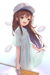 Rule 34 | 10s, 1girl, :d, blue shirt, blush, brown eyes, brown hair, brown shorts, character name, clothes writing, commentary request, dduck kong, flag, flat cap, grey hat, hair between eyes, hat, hataraku saibou, highres, holding, holding flag, long hair, open mouth, platelet (hataraku saibou), round teeth, see-through silhouette, shirt, shirt hold, short shorts, short sleeves, shorts, smile, solo, standing, teeth, upper teeth only, very long hair