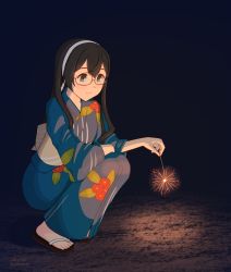 Rule 34 | 1girl, black hair, blue eyes, blue kimono, blush, closed mouth, commentary, dated, firecrackers, floral print, geometrie, glasses, hairband, holding, japanese clothes, kantai collection, kimono, long hair, ooyodo (kancolle), red footwear, sandals, semi-rimless eyewear, smile, solo, squatting, twitter username, white hairband, yukata