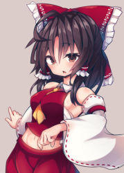 Rule 34 | 1girl, :&lt;, ahoge, ascot, bad id, bad pixiv id, bare shoulders, beni shake, between breasts, bow, breasts, brown eyes, brown hair, detached sleeves, groin, hair bow, hair tubes, hakurei reimu, large bow, large breasts, looking at viewer, midriff, navel, open mouth, ribbon-trimmed sleeves, ribbon trim, sideboob, simple background, skirt, solo, toned, touhou, triangle mouth, wide sleeves