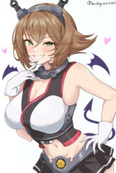 Rule 34 | 1girl, bare shoulders, black skirt, blush, breasts, brown hair, chamumi (mochiumee), demon horns, demon tail, demon wings, flipped hair, gloves, green eyes, hairband, headgear, highres, horns, kantai collection, large breasts, looking at viewer, midriff, mutsu (kancolle), radio antenna, short hair, skirt, smile, solo, tail, upper body, white gloves, wings