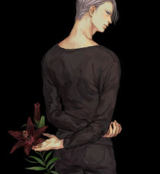 Rule 34 | 1boy, arms behind back, black background, black pants, black shirt, blue eyes, denim, fingernails, flower, flower request, jeans, jewelry, leaf, long sleeves, looking at viewer, looking back, male focus, pants, profile, r inami, red flower, ring, serious, shirt, short hair, simple background, solo, upper body, viktor nikiforov, white hair, yuri!!! on ice