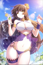 Rule 34 | 1girl, bikini, bloodline, blue sky, breasts, brown hair, cleavage, cloud, cup, day, drinking glass, food, fruit, huge breasts, iotower, lemon, lemon slice, lens flare, long hair, navel, o-ring, o-ring bottom, palm tree, see-through, sky, solo, swimsuit, thigh gap, tree, very long hair, war maiden (bloodline), water, yellow eyes