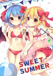 Rule 34 | 2girls, anchor symbol, ass, ball, bare arms, bare legs, bare shoulders, barefoot, bat wings, beachball, beads, bikini, blue hair, blush, bow, breasts, collarbone, commentary request, crystal, english text, feet out of frame, flandre scarlet, flower, food, from behind, front-tie bikini top, front-tie top, hair beads, hair between eyes, hair bow, hair flower, hair ornament, hair ribbon, hairclip, halterneck, hand up, holding, holding food, ice cream, ice cream cone, innertube, leg up, long hair, looking at viewer, looking back, multiple girls, navel, no headwear, popsicle, red bikini, red bow, red flower, red ribbon, remilia scarlet, ribbon, ruhika, shell hair ornament, short hair, siblings, side-tie bikini bottom, side ponytail, silhouette, sisters, small breasts, smile, star (symbol), starry background, stomach, swim ring, swimsuit, thighs, tongue, tongue out, touhou, white background, wings, x hair ornament