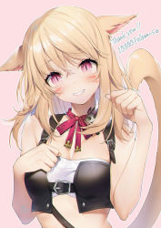 Rule 34 | 1girl, absurdres, animal ears, warrior of light (ff14), bandeau, bare arms, bare shoulders, blonde hair, breasts, cat ears, cat girl, cat tail, choker, cleavage, crop top, facial mark, final fantasy, final fantasy xiv, grin, hand on own chest, hands up, head tilt, highres, long hair, looking at viewer, midriff, milestone celebration, miqo&#039;te, paw pose, pink background, red eyes, ribbon choker, sleeveless, slit pupils, small breasts, smile, solo, strap, tail, tail raised, upper body, yana mori